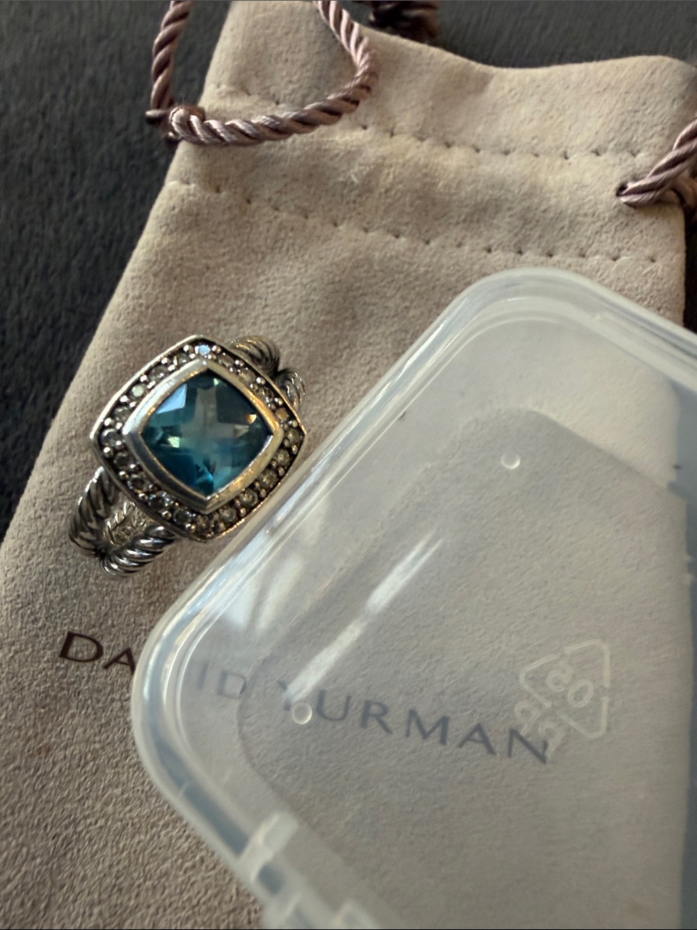 David Yurman Sterling Silver Ring with Blue Topaz and Diamond Cushion Gemstone